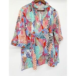 ATELIER 5 by Gozda Ylimaz 3/4 Sleeve Artsy Art to Wear Linen blend collared top